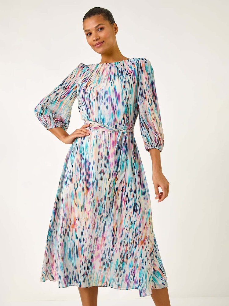 Roman White Blurred Print Pleat Neck Midi Dress - Image 2 of 5