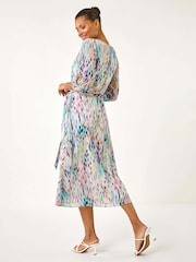 Roman White Blurred Print Pleat Neck Midi Dress - Image 3 of 5