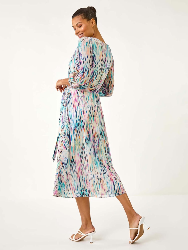 Roman White Blurred Print Pleat Neck Midi Dress - Image 3 of 5