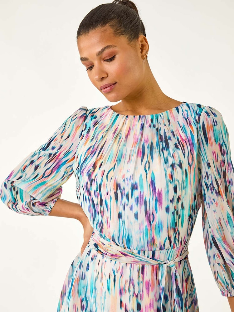 Roman White Blurred Print Pleat Neck Midi Dress - Image 4 of 5