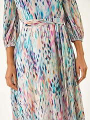 Roman White Blurred Print Pleat Neck Midi Dress - Image 5 of 5