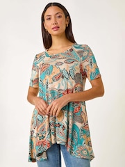 Roman Blue Floral Print Hanky Hem Tunic Top - Image 1 of 5