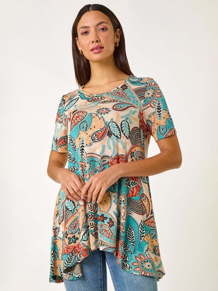 Roman Blue Floral Print Hanky Hem Tunic Top - Image 1 of 5