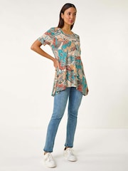 Roman Blue Floral Print Hanky Hem Tunic Top - Image 2 of 5
