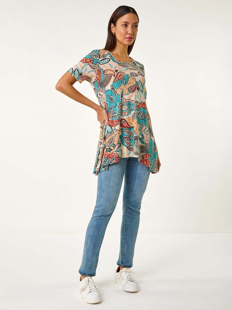 Roman Blue Floral Print Hanky Hem Tunic Top - Image 2 of 5