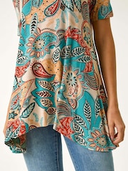 Roman Blue Floral Print Hanky Hem Tunic Top - Image 4 of 5