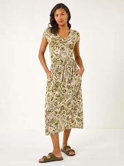 Roman Green Floral Print Ruched Stretch Midi Dress - Image 1 of 5