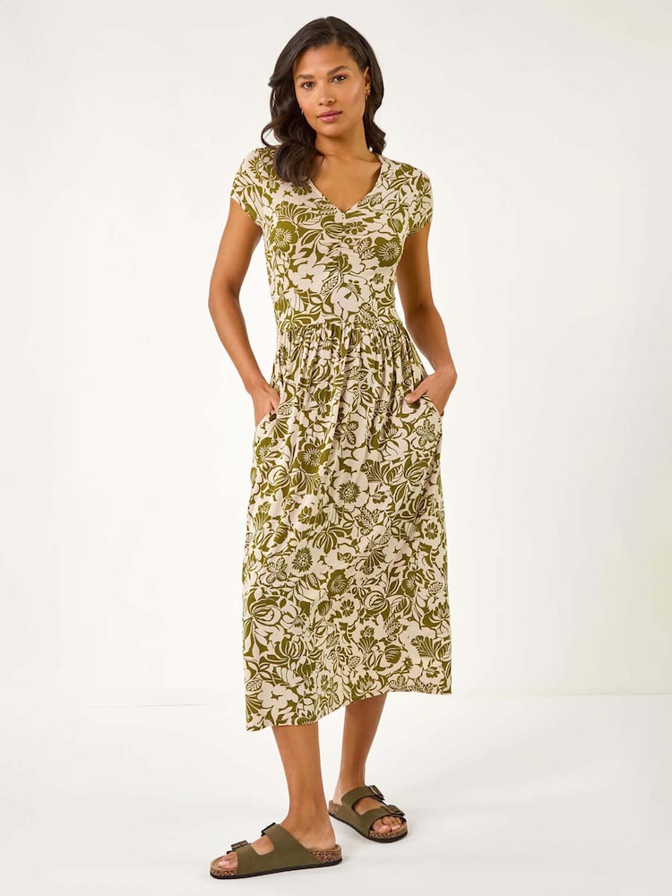Roman Green Floral Print Ruched Stretch Midi Dress - Image 1 of 5