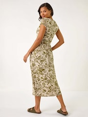 Roman Green Floral Print Ruched Stretch Midi Dress - Image 2 of 5