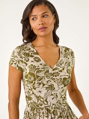 Roman Green Floral Print Ruched Stretch Midi Dress - Image 4 of 5