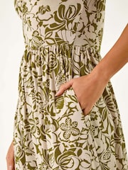 Roman Green Floral Print Ruched Stretch Midi Dress - Image 5 of 5