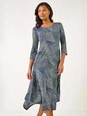 Roman Leaf Puff Print Hanky Hem Midi Dress - Imagen 1 de 5
