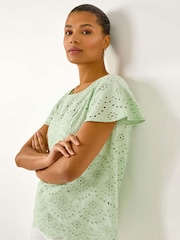 Roman Green Broderie Short Sleeve 100% Cotton Top - Image 1 of 5