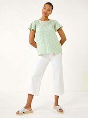 Roman Green Broderie Short Sleeve 100% Cotton Top - Image 2 of 5