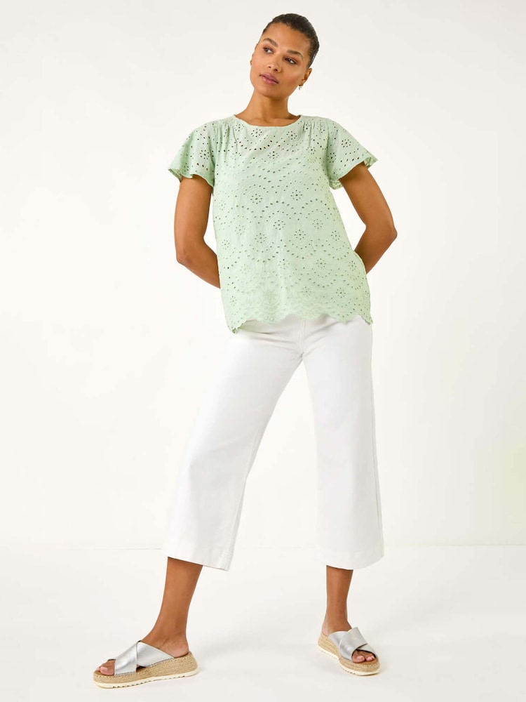 Roman Green Broderie Short Sleeve 100% Cotton Top - Image 2 of 5