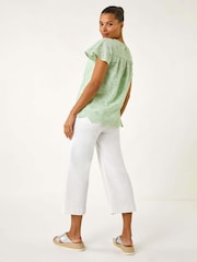 Roman Green Broderie Short Sleeve 100% Cotton Top - Image 3 of 5
