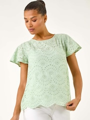 Roman Green Broderie Short Sleeve 100% Cotton Top - Image 4 of 5