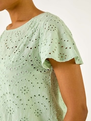 Roman Green Broderie Short Sleeve 100% Cotton Top - Image 5 of 5