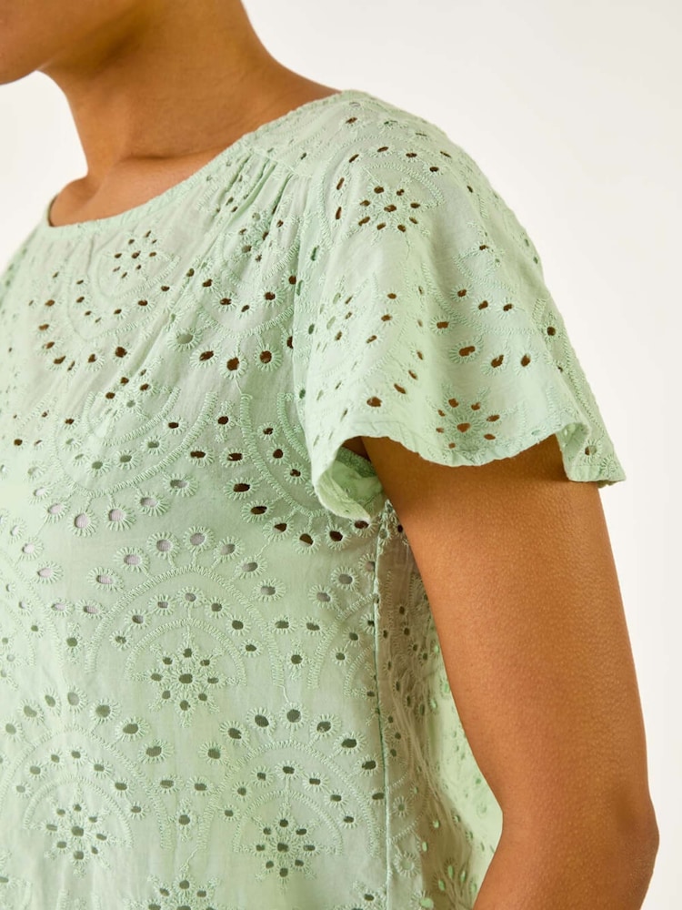 Roman Green Broderie Short Sleeve 100% Cotton Top - Image 5 of 5