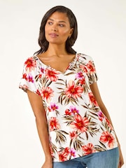 Roman Red Floral Print Notch Neck Stretch Top - Image 1 of 5