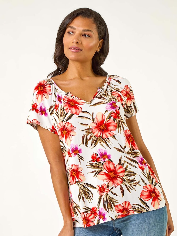 Roman Red Floral Print Notch Neck Stretch Top - Image 1 of 5