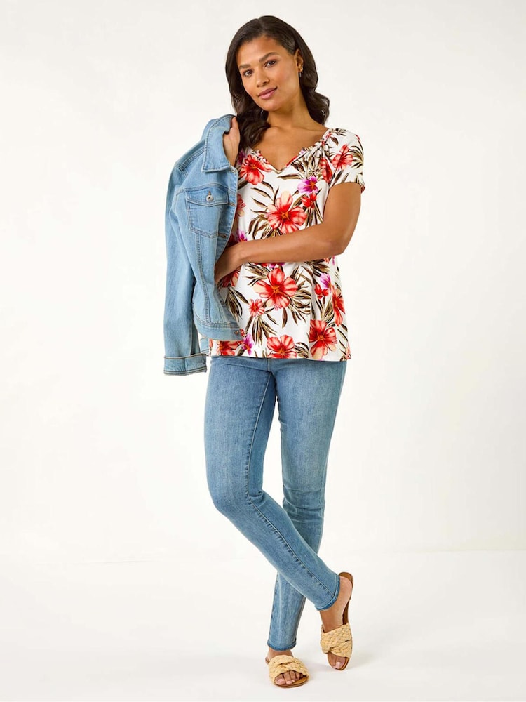 Roman Red Floral Print Notch Neck Stretch Top - Image 2 of 5