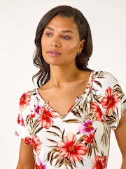 Roman Red Floral Print Notch Neck Stretch Top - Image 4 of 5