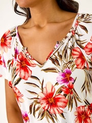 Roman Red Floral Print Notch Neck Stretch Top - Image 5 of 5