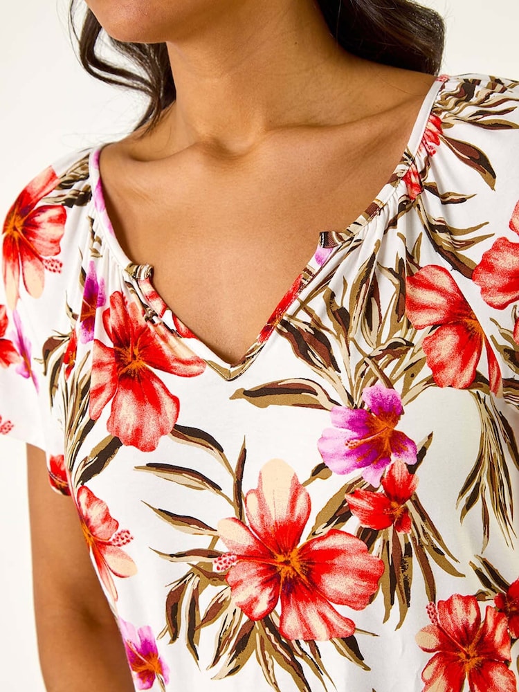 Roman Red Floral Print Notch Neck Stretch Top - Image 5 of 5