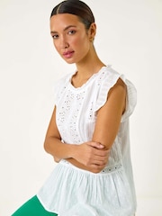 Roman White Broidery Frill Sleeve 100% Cotton Top - Image 1 of 5