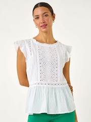 Roman White Broidery Frill Sleeve 100% Cotton Top - Image 4 of 5