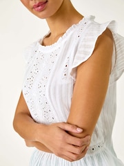 Roman White Broidery Frill Sleeve 100% Cotton Top - Image 5 of 5