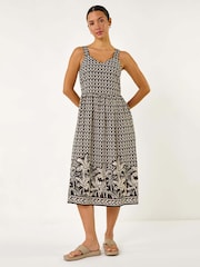 Roman Black Palm Border Strap Midi Sundress - Image 1 of 5