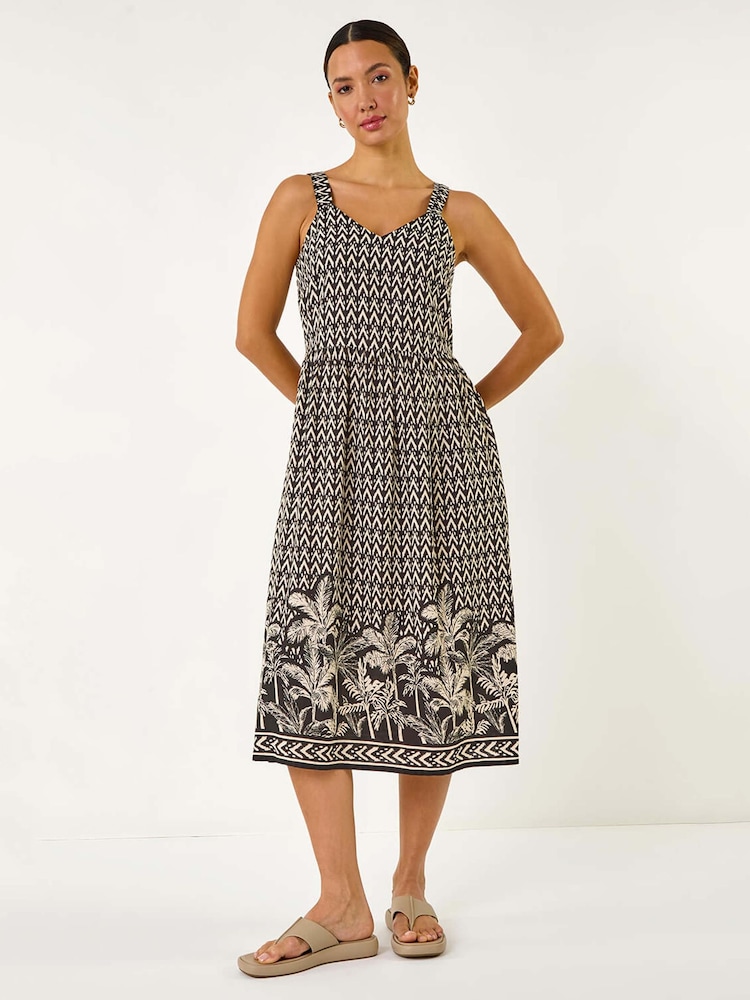 Roman Black Palm Border Strap Midi Sundress - Image 1 of 5