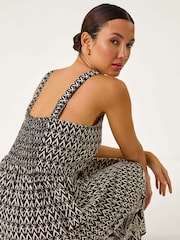 Roman Black Palm Border Strap Midi Sundress - Image 2 of 5