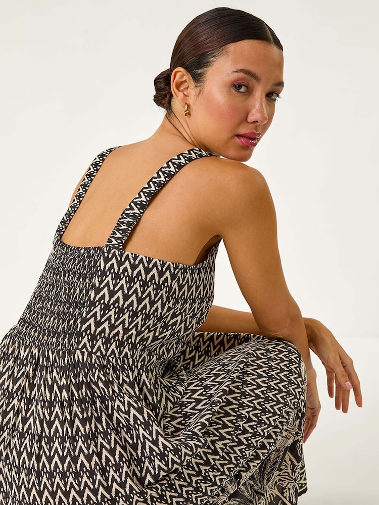 Roman Black Palm Border Strap Midi Sundress - Image 2 of 5