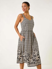 Roman Black Palm Border Strap Midi Sundress - Image 4 of 5
