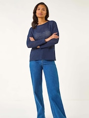 Roman Blue Crochet Cotton Jersey Top - Image 2 of 5