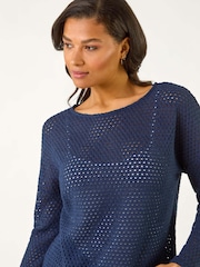 Roman Blue Crochet Cotton Jersey Top - Image 4 of 5