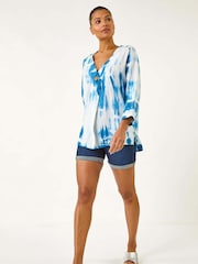 Roman Blue 100% Cotton Tie Dye Button Detail Top - Image 2 of 5