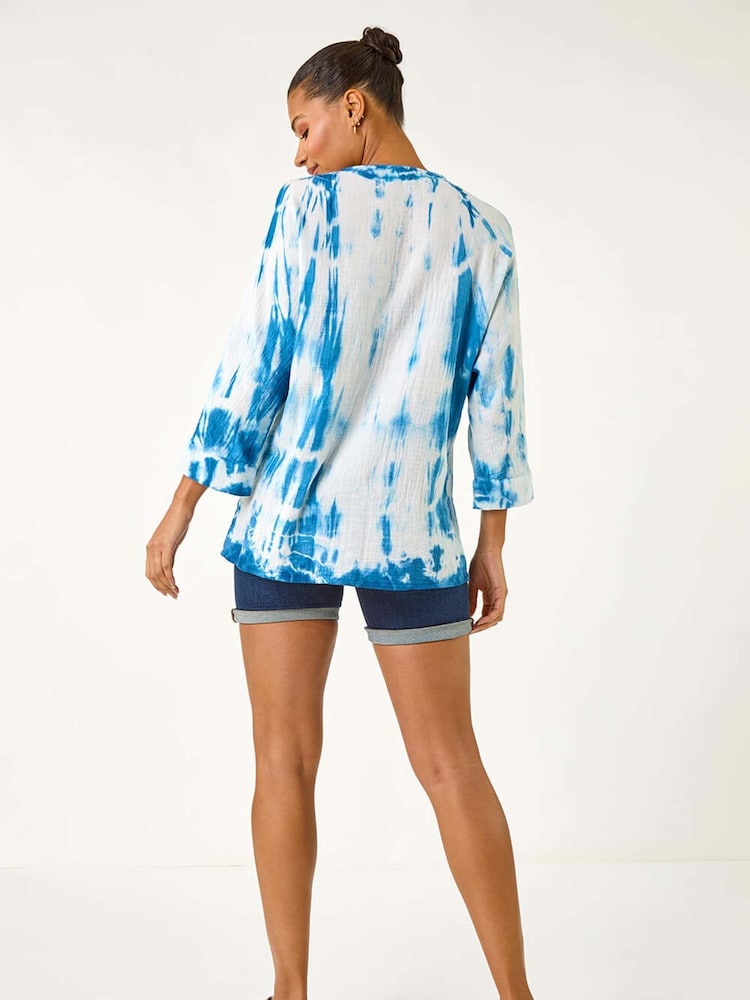 Roman Blue 100% Cotton Tie Dye Button Detail Top - Image 3 of 5