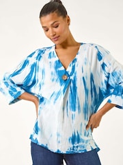 Roman Blue 100% Cotton Tie Dye Button Detail Top - Image 4 of 5
