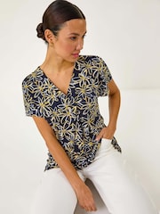 Roman Yellow Floral Print Pleat Front Stretch Top - Image 1 of 5