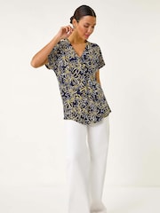 Roman Yellow Floral Print Pleat Front Stretch Top - Image 2 of 5