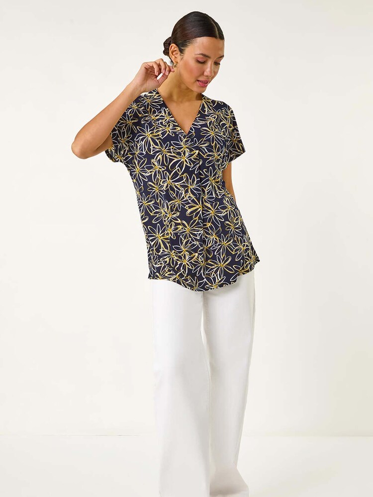 Roman Yellow Floral Print Pleat Front Stretch Top - Image 2 of 5