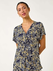 Roman Yellow Floral Print Pleat Front Stretch Top - Image 4 of 5