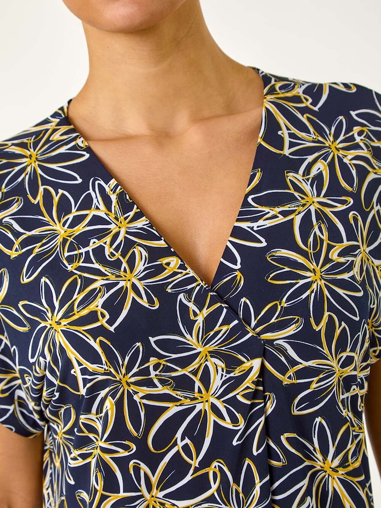 Roman Yellow Floral Print Pleat Front Stretch Top - Image 5 of 5