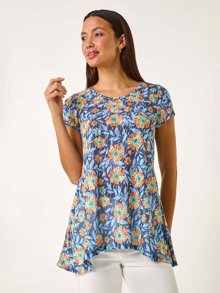 Roman Blue Floral Burnout Print Tunic Top - Image 1 of 5