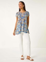 Roman Blue Floral Burnout Print Tunic Top - Image 2 of 5