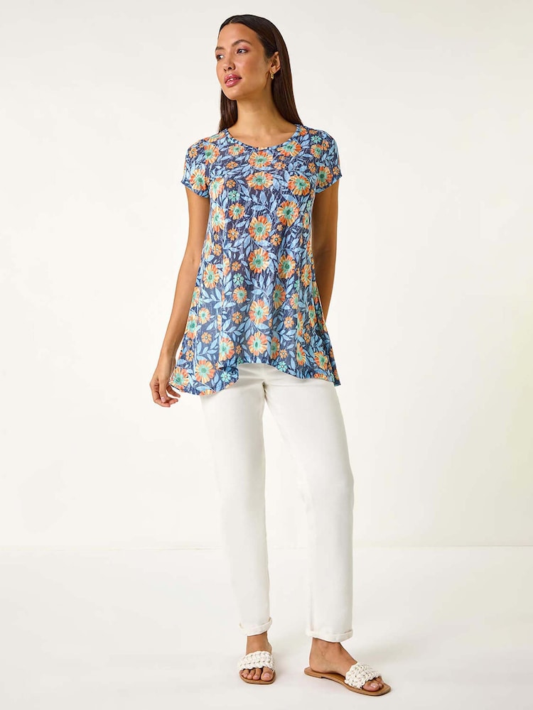 Roman Blue Floral Burnout Print Tunic Top - Image 2 of 5